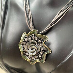 Vintage Rose Pendant Necklace | Green Glitter Enamel | Multi Strand Cord